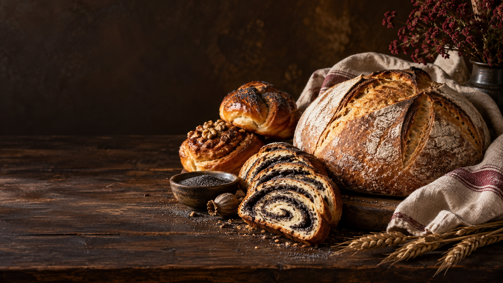 Fresh sourdough, poppy-seed roll, and pastries on a bakery table